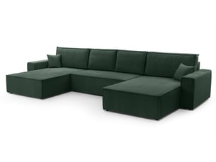 Canapé d'angle panoramique convertible <strong>AX LIVING </strong> <strong>Cedria U</strong> 5 places Velours côtelé vert avec coffre de rangement