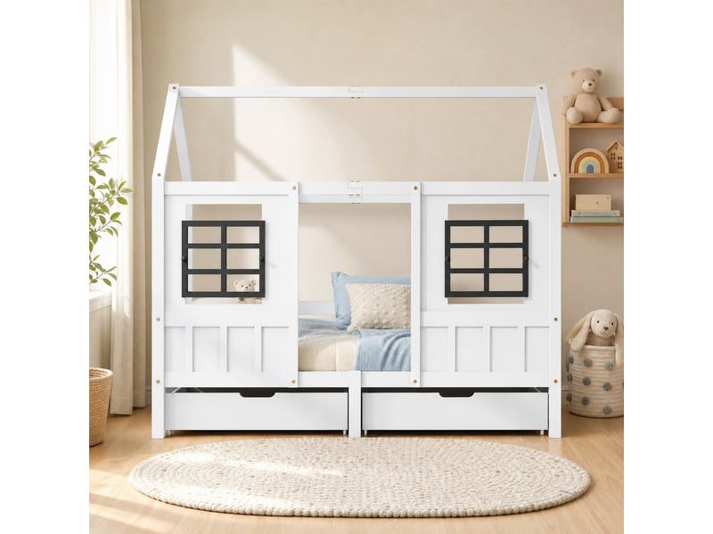  Lit cabane enfant 200×90 cm avec 2 tiroirs et fenêtres, sans matelas, en pin et mdf blanc  - Conforama B