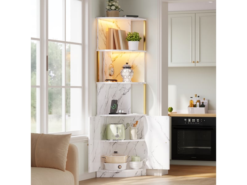 Meuble d'angle avec led et prises, buffet haut 2 portes en mdf blanc, armoire de rangement pour cuisine et salon, 38x38x180 cm  - Conforama B