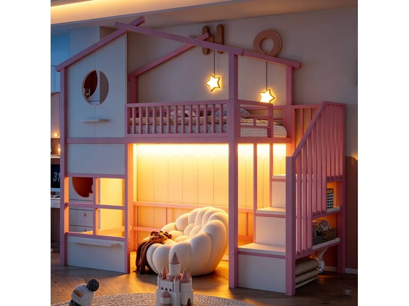  Lit mezzanine cabane 90x200 cm avec escalier de rangement et led, rose et blanc  - Conforama C