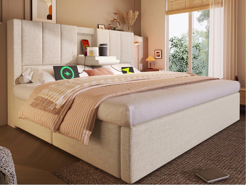 Lit coffre 180 x 200 cm,  avec porte-gobelet et station de charge dissimulés, revêtement en lin beige  - Conforama B