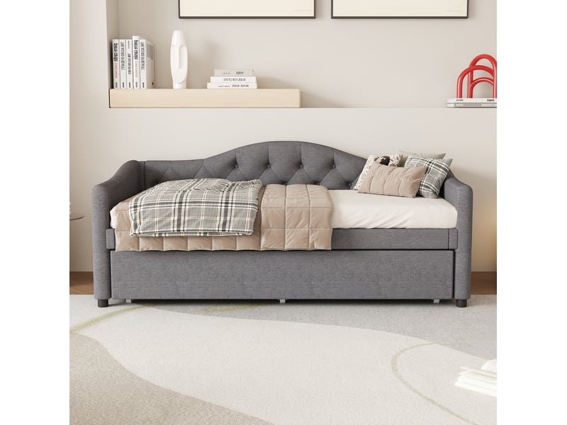  Lit gigogne, 90x200 cm, lit tiroir pensé pour libérer de l’espace, style minimaliste moderne, lin et mdf, coloris gris  - Conforama D