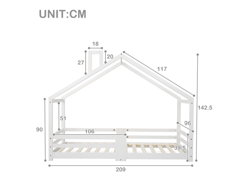 Lit cabane enfant 90x200cm, sommier, décoration de la cheminée de toit,protection, bois, blanc, sans matelas - Conforama C