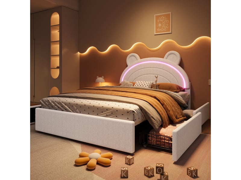  Lit enfant 140 × 200 cm 2 places avec 4 tiroirs, led via application et tête de lit ourson, sans matelas, beige  - Conforama C