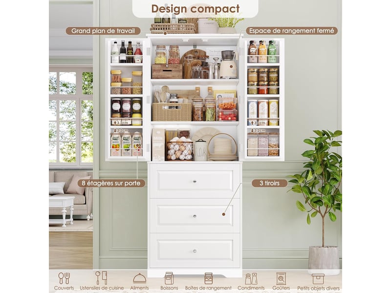  Buffet haut cuisine 150 cm vaisselier avec étagère de porte blanc  - Conforama D