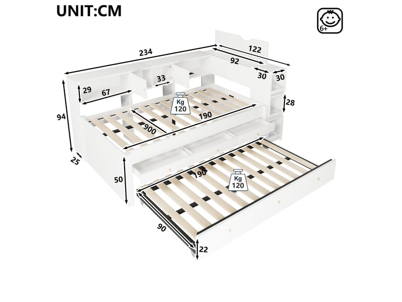  Lit gigogne enfant en bois 90x200 cm avec lit tiroir 90x190 cm, 3 tiroirs de rangement, prise usb, étagères latérales et couchage supplémentaire-blanc  - Conforama C