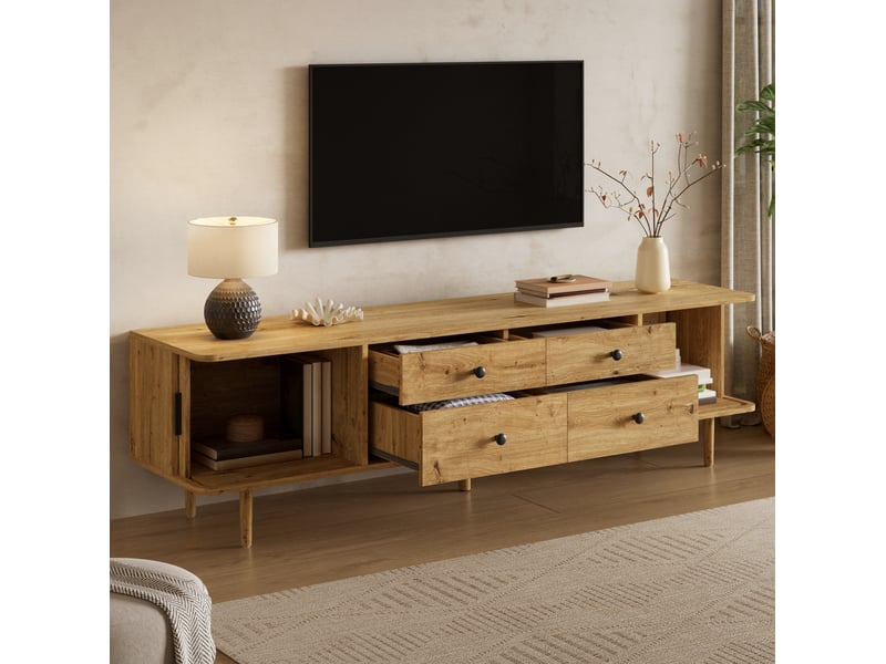  Meuble tv tcqpz 165 x 40 x 46 cm 4 tiroirs 2 portes coulissantes mdf décor bois  - Conforama B