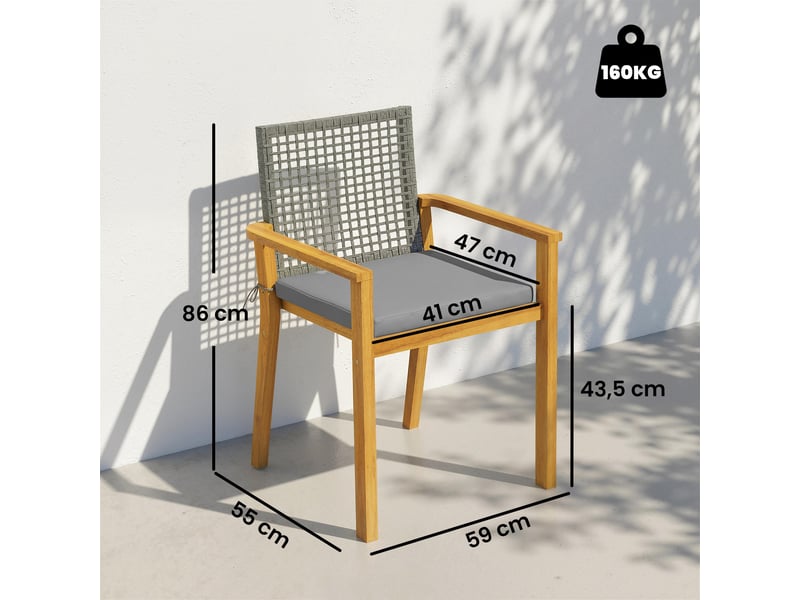  Ensemble de 2 chaises de jardin empilables en bois avec coussins, accoudoirs et dossier amovibles, 59 x 55 x 86 cm, naturel  - Conforama D