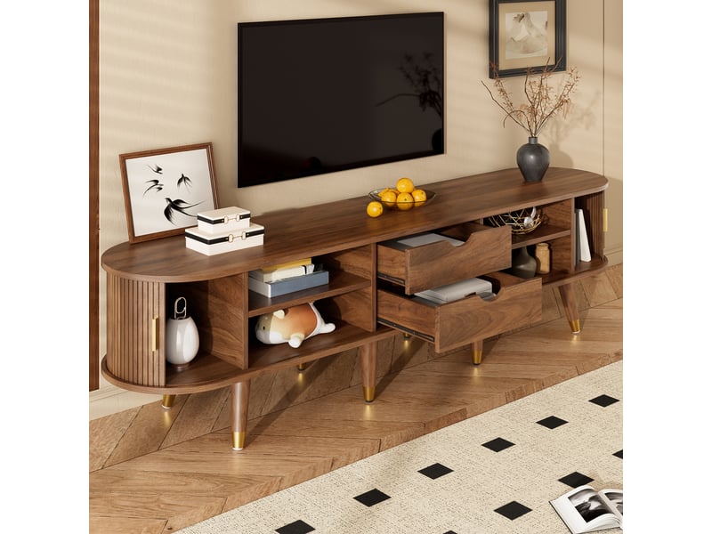  Meuble tv rotin 175 cm noyer avec porte coulissante et rangements multiples - style campagne naturel  - Conforama E