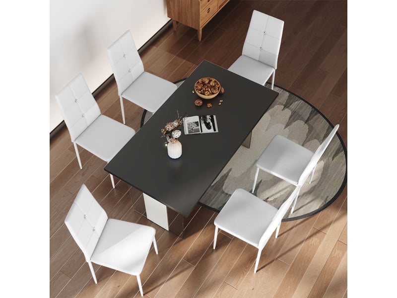  Ensemble de 6 chaises de salle à manger revêtues de cuir pu, avec dossier haut, capitonnage à boutons et pieds en acier, design moderne, blanches  - Conforama D
