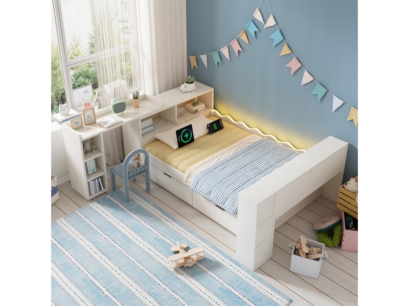  Lit banquette 90x200 cm avec 2 tiroirs de rangement, bureau coulissant, tête de lit modulable et éclairage led, bois, et recharge intégrée - blanc  - Conforama B