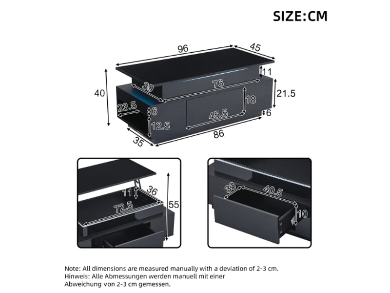 Table basse noire, table de salon brillante, réglable en hauteur avec rangement caché, tiroir et éclairage led - Conforama D