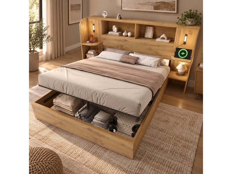  Lit coffre 180x200 cm, rangement hydraulique, tête de lit avec rangement, 2 tables de chevet, éclairage led pour chambre - chêne  - Conforama B