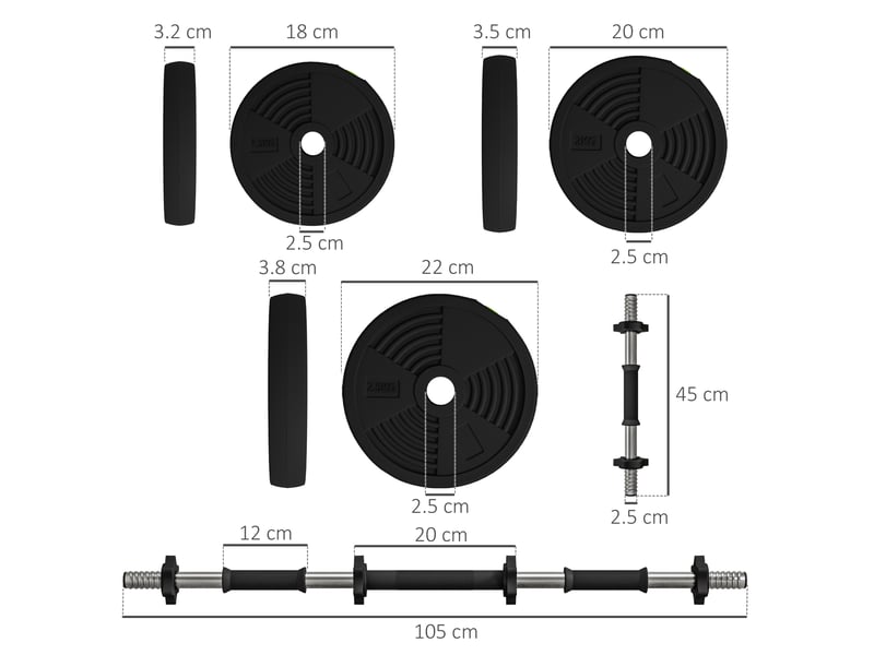  Ensemble 2 en 1 avec 2 haltères convertibles en barre, poids total 25 kg et disques de poids ajustables, noir  - Conforama E
