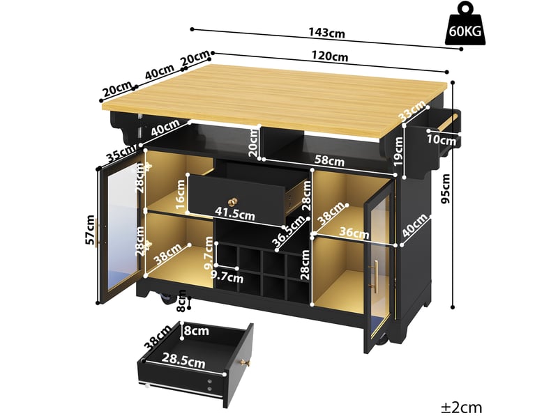 Desserte de cuisine 120x40x95 cm avec plateaux rabattables et led, coloris noir  - Conforama C