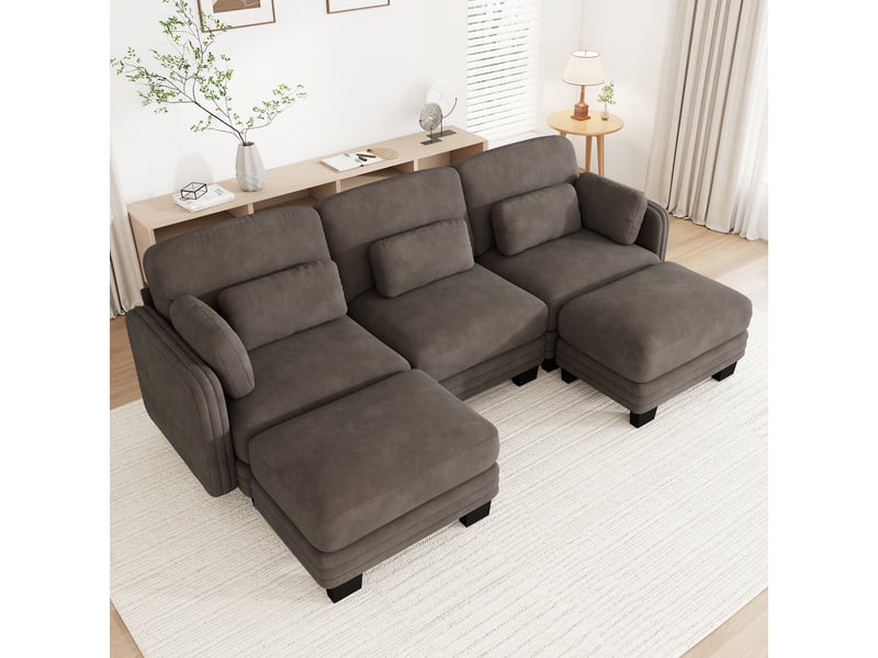  Canapé modulaire 3 places en u, revêtement chenille, bois massif, 2 ottomanes usage multiple, montage facile, salon, brun  - Conforama D