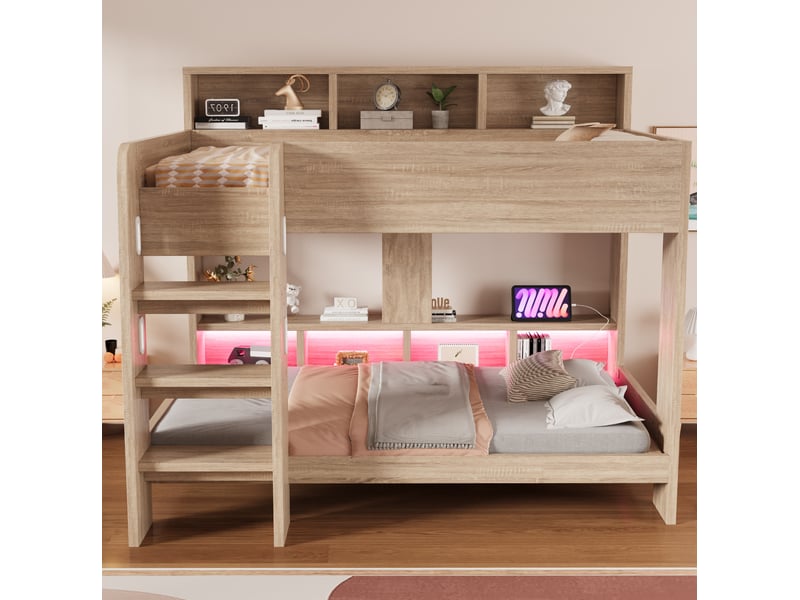  Lit superposé 90x200 cm avec rangements, led et prises, coloris bois naturel, sans matelas  - Conforama B