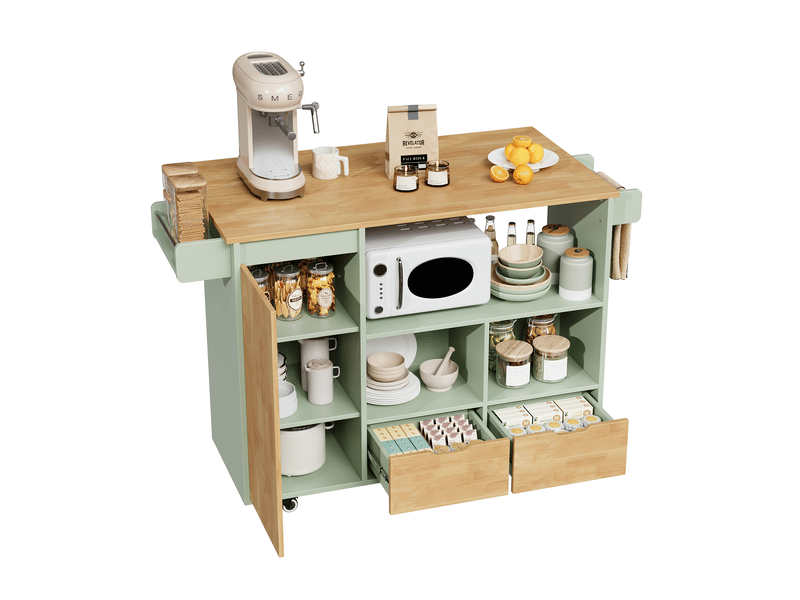  Îlot de cuisine mobile 120x70x91 cm vert, plateau rabattable, 2 tiroirs et roulettes verrouillables Fay Lum - Conforama A