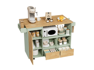Îlot de cuisine mobile 120x70x91 cm vert, plateau rabattable, 2 tiroirs et roulettes verrouillables