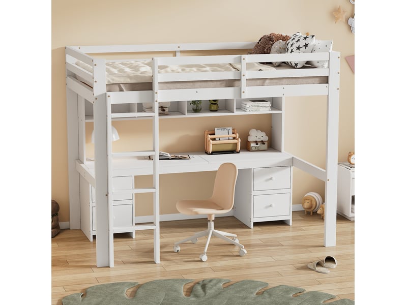 Lit mezzanine ulevr 90x200 cm avec bureau intégré et grands rangements, échelle stable, garde-corps haut, bois de pin et mdf, blanc - Conforama E