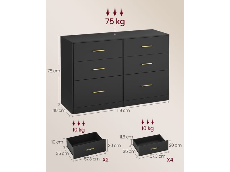  Commode moderne à 6 tiroirs pour dressing 40 x 119 x 78 cm décoration élégante en panneau d'aggloméré noir d'encre 12_0013169  - Conforama B