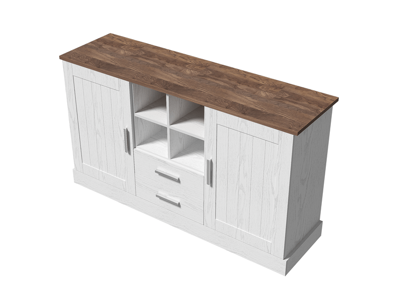  Buffet 140 x 40 x 79,5 cm blanc et brun, panneaux de particules, 2 portes, 2 tiroirs, 4 niches de rangement  - Conforama D