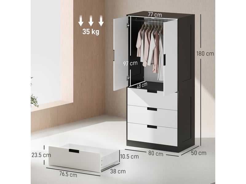 Armoire 2 portes et 3 tiroirs, armoire moderne avec penderie, pour chambre, noir et blanc - Conforama C