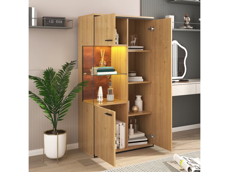  Vitrine 77,5x40x150 cm avec porte en verre, éclairage led multicolore, 3 étagères réglables, meuble de rangement et exposition - chêne  - Conforama C