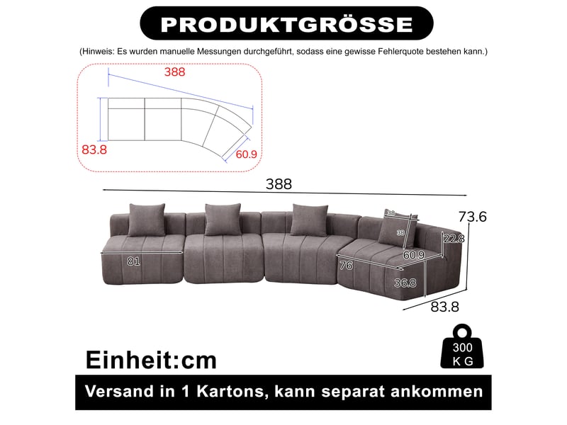  Canapé 4 places - 388x83.8x73.6 cm - canapé d'angle modulaire incurvé chenille avec coussins sans montage - gris  - Conforama E