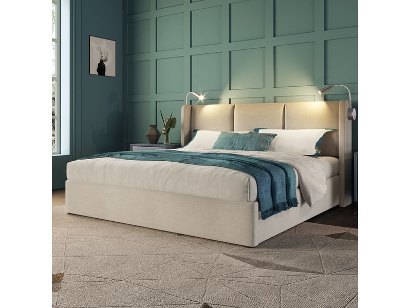  Modenvie lit coffre 140x200 cm - avec rangement, liseuse et ports usb, matelas inclus - beige  - Conforama E