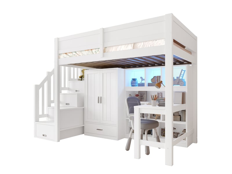  Lit mezzanine 90x200 cm – lit enfant gain de place avec bureau escalier rangement penderie et 1 tiroir – bois de pin – blanc CozyNest - Conforama A