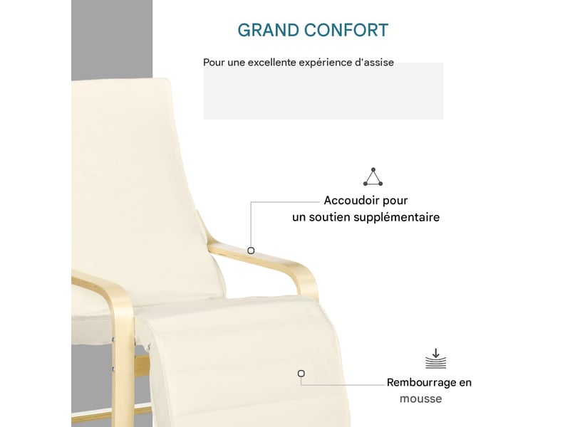  Fauteuil relax avec repose-pieds 5 positions bouleau blanc crème 66,5 x 94 x 100 cm  - Conforama E