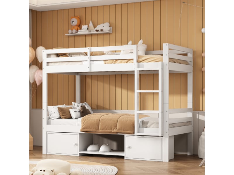  Lit superposé 90x200 cm, lit enfant avec étagères à chaussures et casiers, en bois, sans matelas  - Conforama E
