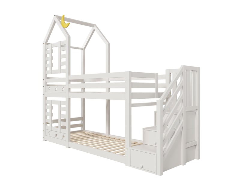 Lit superposé enfant 90x200 cm – blanc – cabane avec escalier de rangement et 2 tiroirs, sans matelas - Conforama D