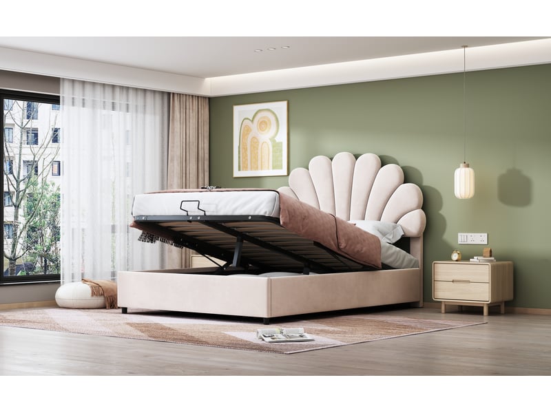  Lit coffre 140 × 200 cm, velours beige, tête de lit fleurie réglable, sommier relevable, rangement sous le couchage  - Conforama B