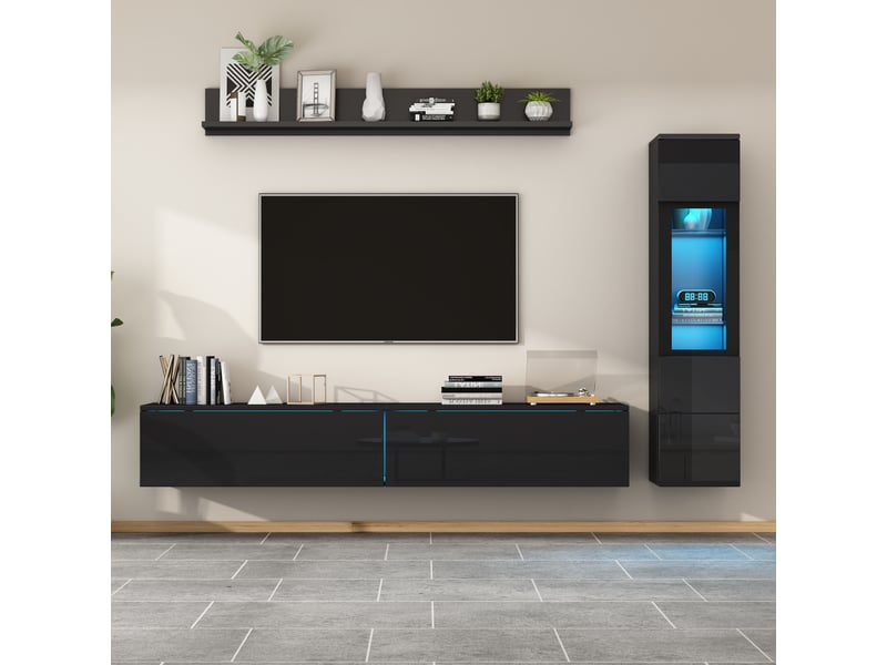  Ensemble meuble tv mural noir brillant 3 pièces, pour écran jusqu'à 80 pouces, avec led rgb et façades haute brillance  - Conforama B