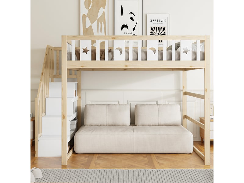  Lit superposé 140*200 cm, coloris bois naturel et blanc, échelle sûre, barrière et motifs.  - Conforama D