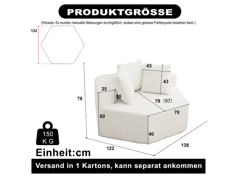  Fauteuil simple - 122x138x76cm - modulable en chenille bouclée avec 3 coussins &amp; ressorts ensachés - blanc  - Conforama D
