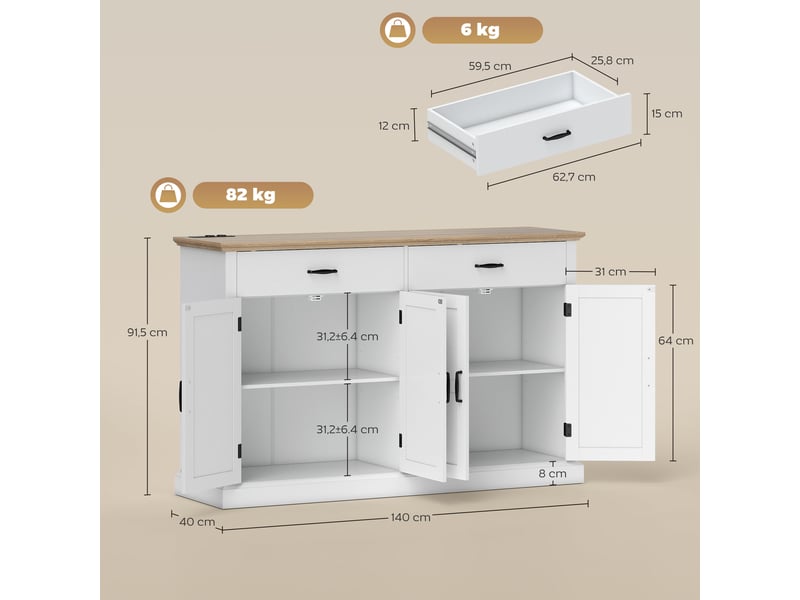  Buffet 2 portes de grange 2 tiroirs avec prises et usb blanc et chêne 140x40x91,5 cm  - Conforama C