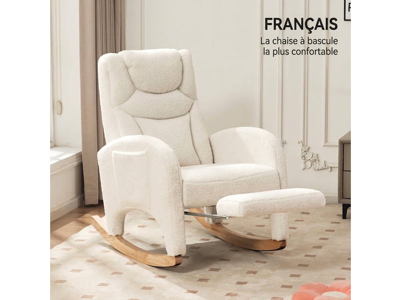 Chaise à bascule en tissu teddy blanc avec repose-pieds pliable, fauteuil relax salon, capacité 110 kg  - Conforama C