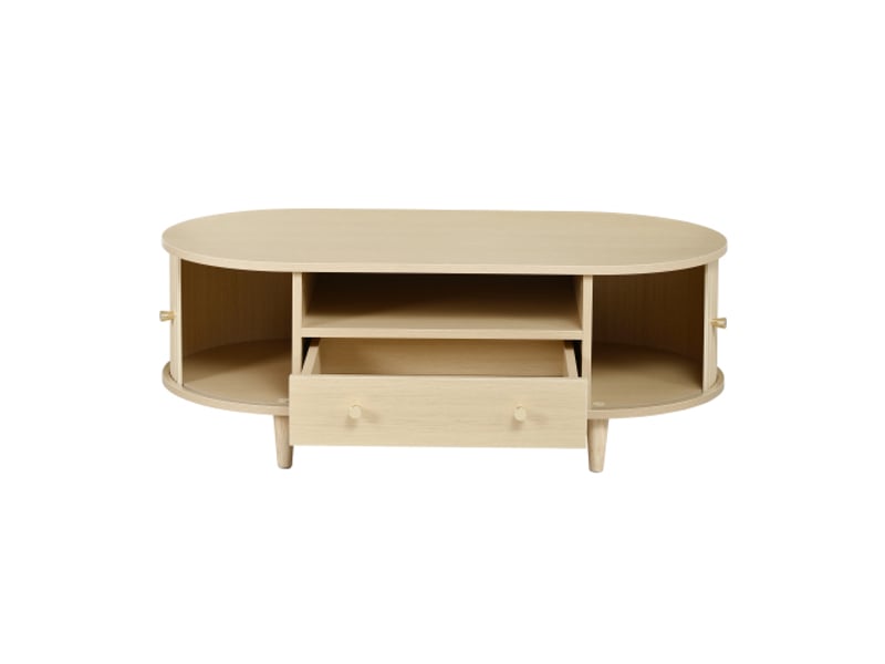 Table basse ovale effet chêne 100 x 50 x 36 cm avec 1 tiroir, niche ouverte et porte tambour, meuble de salon mdf  - Conforama D