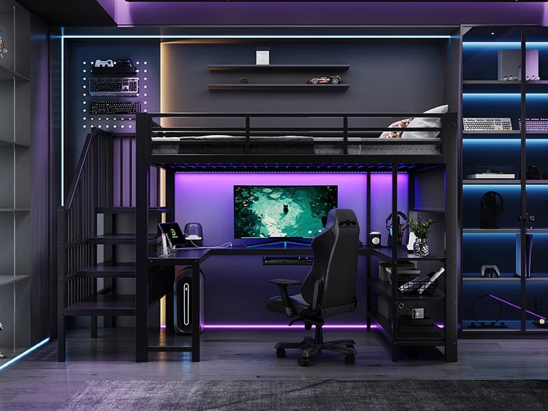  Lit mezzanine,120 x 200 cm,avec escalier, bureau en u, clavier coulissant, prise ue, étagères et led, noir  - Conforama B