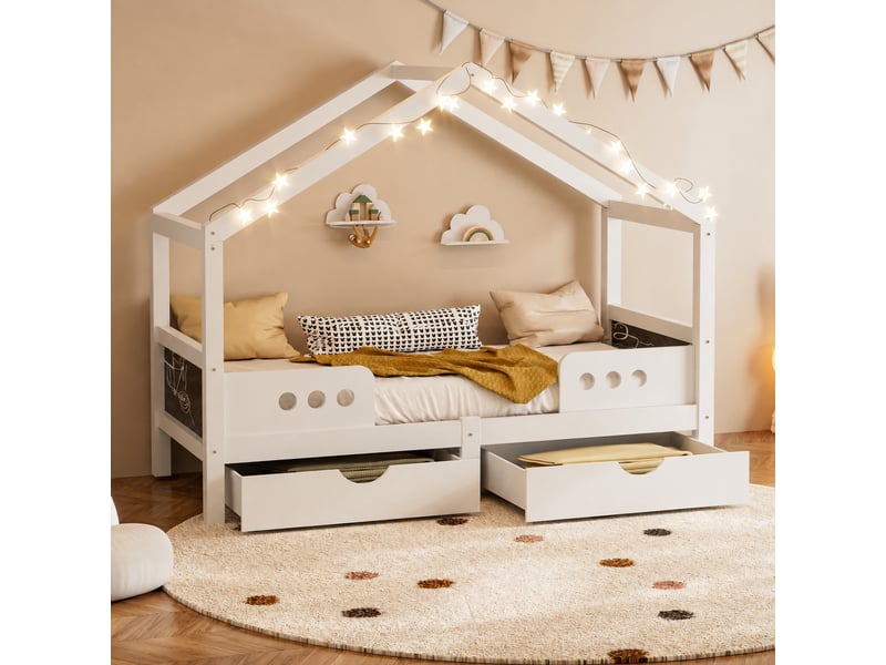  Lit cabane enfant avec 2 grands tiroirs et tableau intégré, bois et mdf, blanc, couchage 90 × 200 cm  - Conforama B