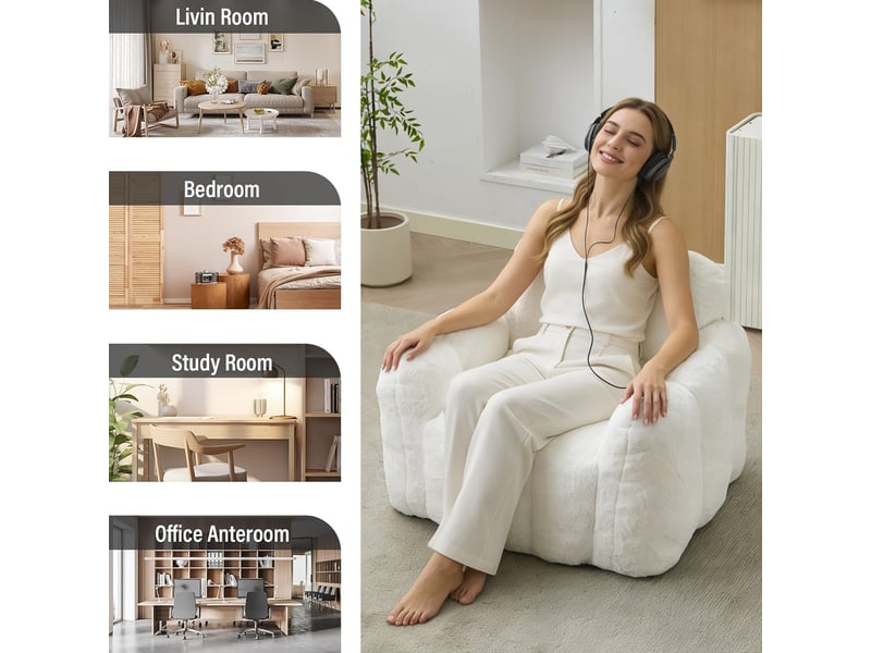  Fauteuil pouf en forme de lotus, assise légère en velours doux rembourré de mousse pour intérieur, blanc  - Conforama E