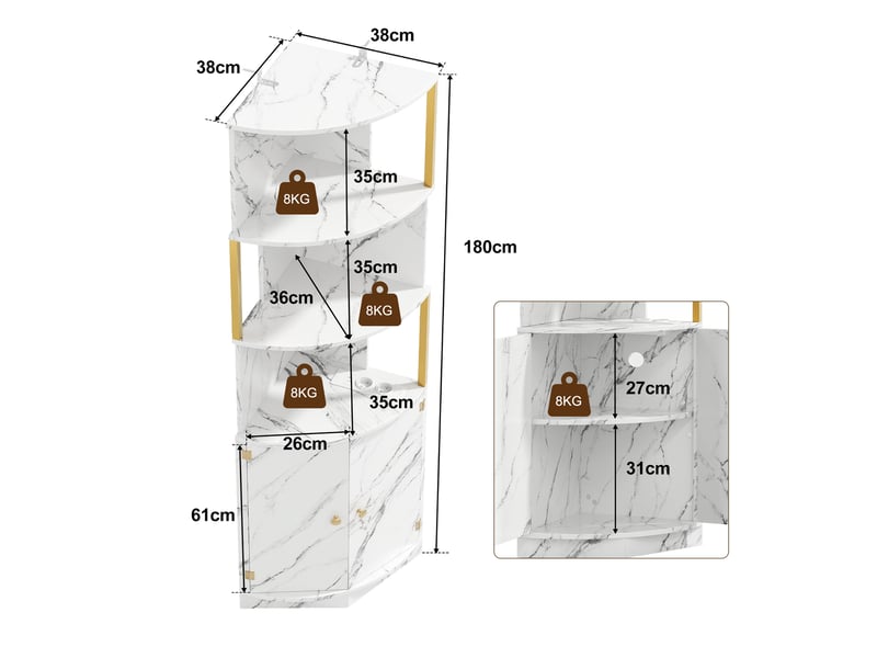 Meuble d'angle avec led et prises, buffet haut 2 portes en mdf blanc, armoire de rangement pour cuisine et salon, 38x38x180 cm - Conforama E