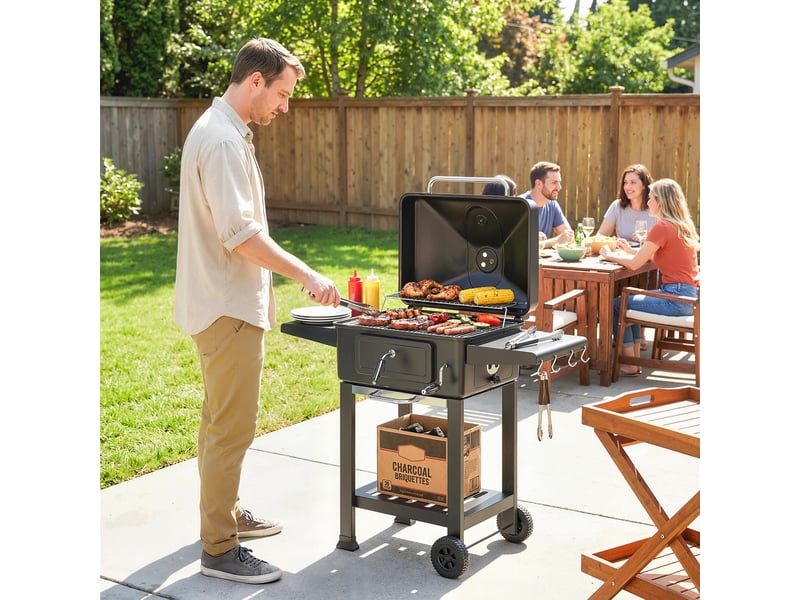  Barbecue au charbon fumoir avec couvercle, thermomètre, hauteur réglable, bac à charbon, grille de cuisson, tablette latérale et cendrier  - Conforama D