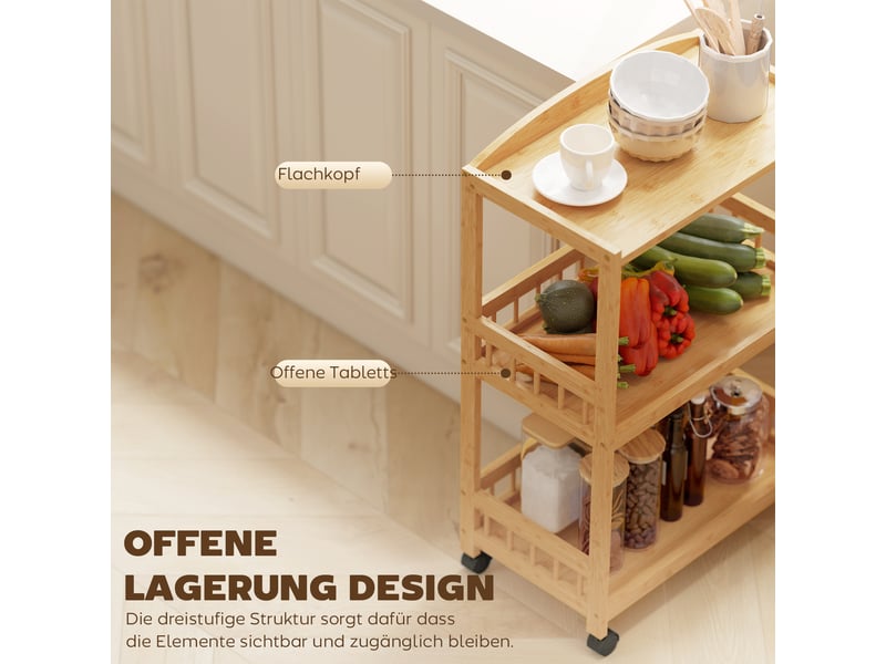  Chariot de cuisine roulant à 3 niveaux avec rangement et étagères en bois naturel pour cuisine salle de bain ou bureau  - Conforama E