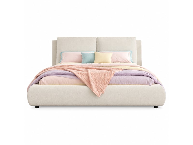  Lit double 180×200 cm avec tête de lit rembourrée, sans matelas - okmyhome- en tissu bouclé beige  - Conforama A
