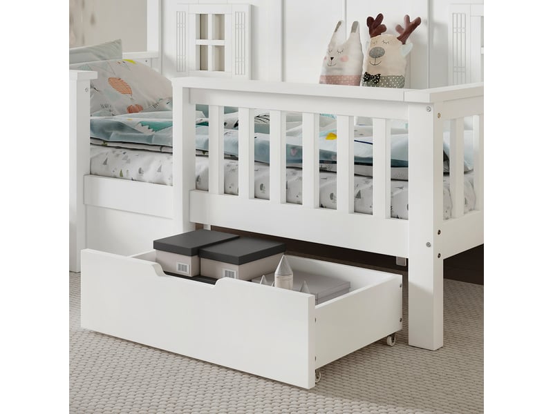 Lit cabane enfant 90x200 cm - avec 2 tiroirs - avec des balustrades et des fenêtres - bois massif + mdf - blanc (sans matelas)  - Conforama R