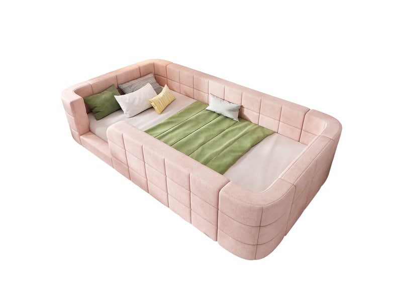  Lit enfant 90 × 190 cm avec barrières rembourrées et sommier à lattes, entrée basse, revêtement en chenille rose  - Conforama A
